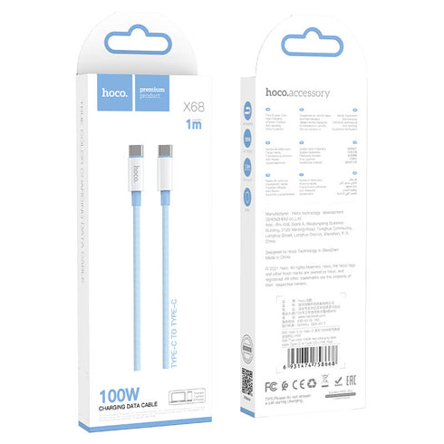 Hoco X68 100W Type C to Type C 2m Charging Data Cable - Blue